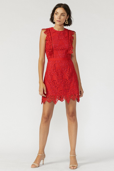 open lace back dress Zapaka Women Red A-Line Lace Long Sleeves Short Party Dress, Red / L main image 1
