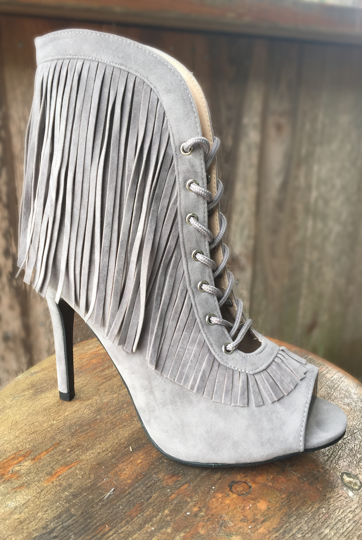 Elaine Open Toe Lace Up Grey Fringe Stiletto Bootie Social