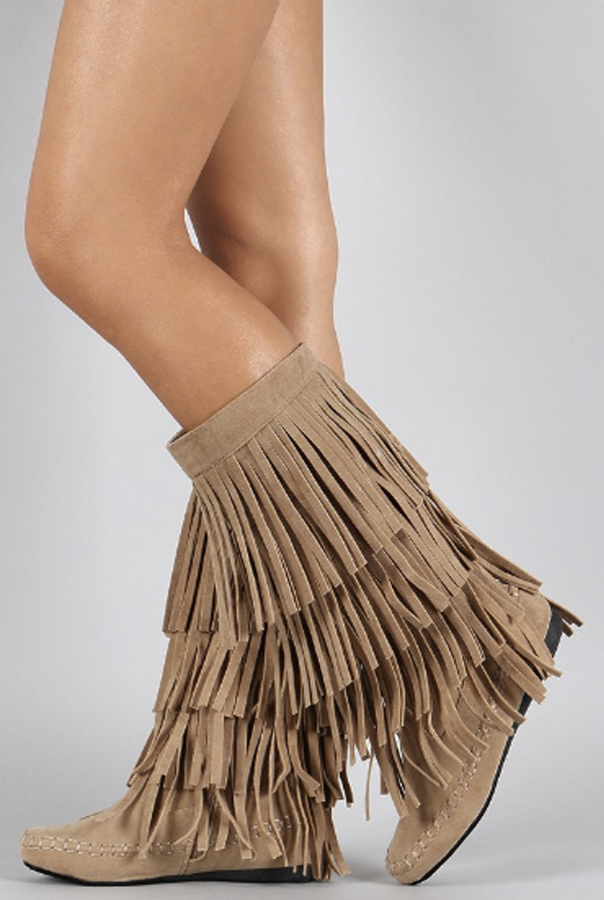 Alsoomse Women s Taupe Colored Mid Calf 4 Layer Fringe Boots