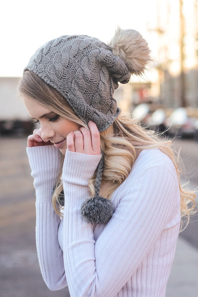 Arapahoe Basin' Grey Cable Knit Fur Pompon Beanie Hat – Social